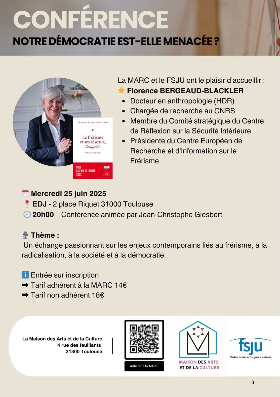 Florence Bergeaud-Blackler en conférence publique à TOULOUSE  le 25 juin 2025 à 20h00